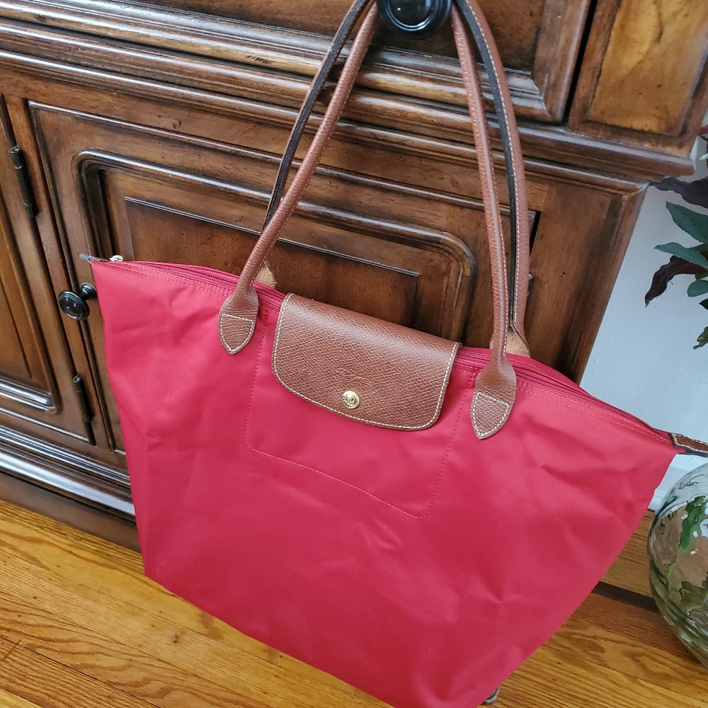 Red Shoulder Tote Bag with Brown Trim